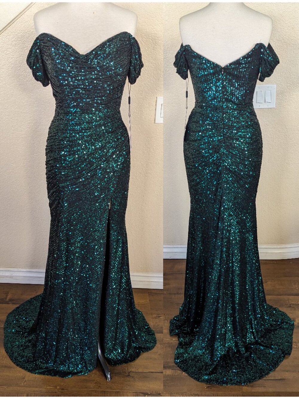 Emerald Green Sequined Off the Shoulder Formal Wedding Prom Dress 2